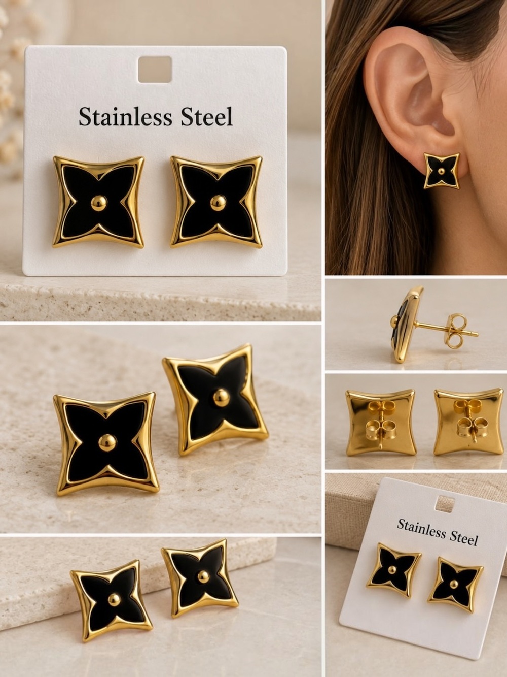 BLACK & GOLD FLORAL STATEMENT STUD EARRINGS